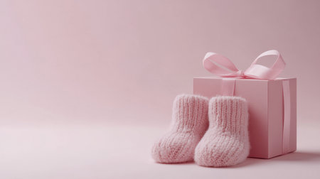 A charming scene featuring pink knitted baby booties next to a beautifully wrapped gift box with a ribbon, set against a soft pastel background.の素材