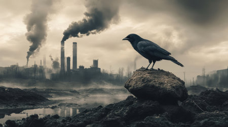 A solitary raven sits on a rock, overlooking a desolate industrial landscape shrouded in smoke and pollution, depicting a haunting beauty and environmental concern.の素材
