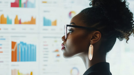 A confident businesswoman analyzes colorful data graphs in a modern office. Her focused expression reflects determination and strategic insight into business metrics.の素材