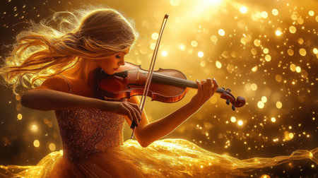 A graceful young musician captivates with her violin, enveloped in glowing golden lights and a soft atmosphere, portraying elegance and artistry in motion.の素材