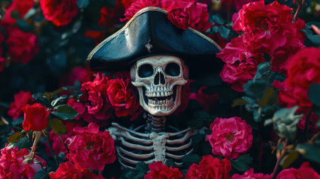 A whimsical pirate skeleton adorned with a classic hat is nestled among vibrant red roses. This striking composition blends macabre elements with the natural beauty of flowers, creating a unique visual experience perfect for seasonal artwork or themed decorations.の素材