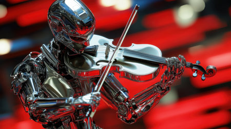 A shiny robot plays a violin, showcasing the intersection of technology and art. This captivating image highlights creativity and innovation in a vibrant setting.の素材