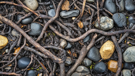 A captivating close-up view of twisted roots intertwining with various smooth stones on the earth, showcasing organic textures and earthy tones in a natural landscape.の素材