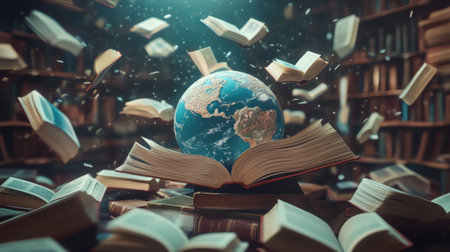 A captivating scene featuring an open book with an illuminated globe at its center, surrounded by flying pages. This artistic representation emphasizes knowledge and the joy of learning in a library environment.の素材