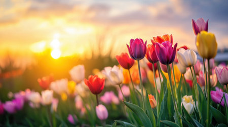 A breathtaking view of a vibrant tulip field at sunset, showcasing a stunning array of colorful blooms against a warm evening sky, perfect for nature lovers.の素材