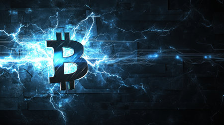 Dynamic Bitcoin symbol illuminated by electric blue bolts against a dark backdrop, symbolizing the power and innovation behind cryptocurrency and digital finance.の素材