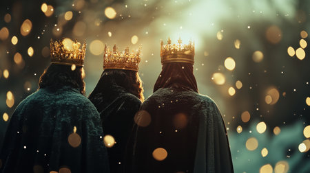 Three majestic figures adorned with crowns stand in a winter setting, surrounded by soft sparkling light. The scene evokes a sense of mystery and regal elegance.の素材