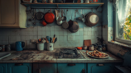 A rustic vintage kitchen adorned with hanging cookware and a messy countertop, featuring natural light streaming through the window, creating a cozy atmosphere.の素材