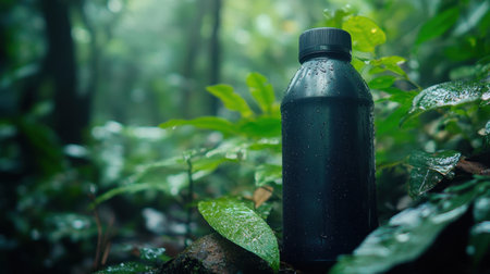 A black water bottle rests among glistening green leaves, capturing the essence of nature tranquility after rainfall, suggesting hydration and eco-conscious choices.の素材