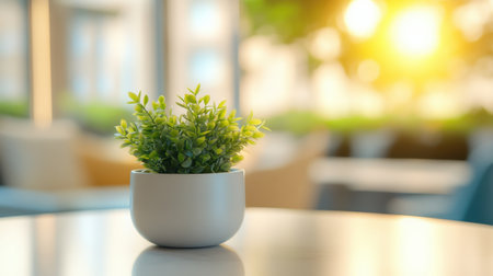 A vibrant green plant in a sleek white pot sits on a table, illuminated by warm sunlight. This image evokes a sense of calm and tranquility in an indoor setting.の素材