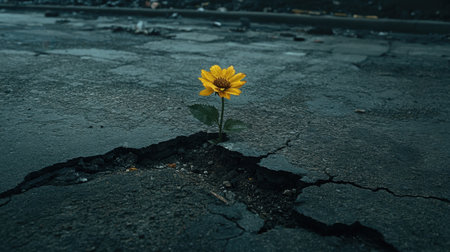 A vibrant yellow flower emerges from a crack in the asphalt, symbolizing resilience and beauty in an urban environment. This image captures the contrast between nature and man-made structures.の素材