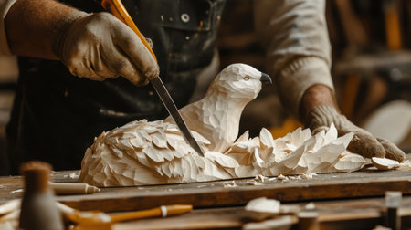 A dedicated artisan skillfully carves a realistic bird sculpture from wood, showcasing intricate details of feathers and craftsmanship in a workshop setting.の素材