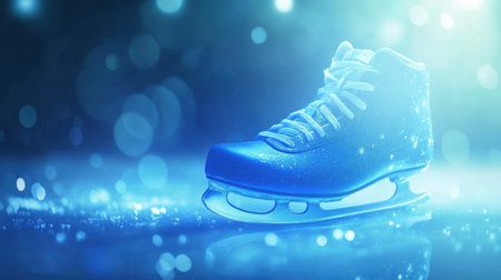 A vibrant blue ice skate sits on a shimmering ice surface, illuminated by soft bokeh lights. This captivating image evokes the spirit of winter sports and elegance.の素材