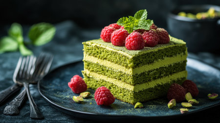 Delicious green matcha cake layer with fresh raspberries and mint garnish, presented elegantly on a dark plate. A perfect treat for any occasion.の素材