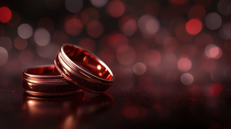 Two elegant wedding rings rest against a blurred background of vibrant lights, symbolizing love and commitment, perfect for capturing the essence of romance.の素材