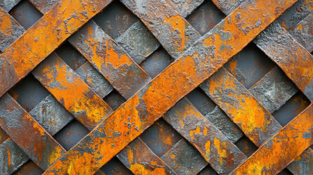 Close-up of a woven metal surface featuring rusty strips in orange and gray shades. This industrial texture showcases weathered artistry and unique patterns.の素材