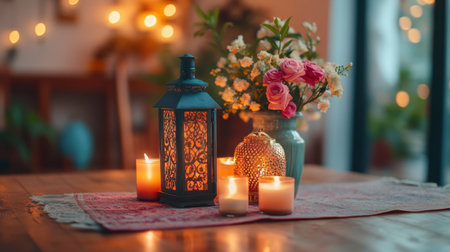 A beautifully arranged tabletop featuring a decorative lantern, glowing candles, and vibrant flowers, creating a warm and inviting atmosphere perfect for cozy evenings.の素材
