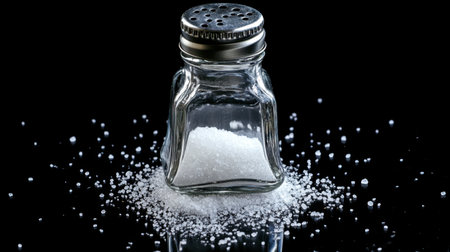 A glass salt shaker sits elegantly on a reflective black surface, with salt crystals spilling around, capturing the essence of culinary simplicity and kitchen essentials.の素材