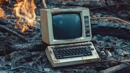 A vintage computer rests in a charred landscape, surrounded by ash and smoke. This dramatic scene captures the contrast between technology and nature's fury.の素材