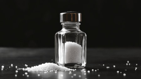 A clear glass jar filled with granulated sugar sits on a dark surface, complemented by scattered sugar grains. Ideal for culinary projects and food photography.の素材