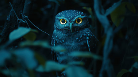 A captivating image of a majestic owl with striking yellow eyes, perched among dark forest foliage. The scene exudes a mysterious atmosphere, highlighting the beauty of wildlife.の素材
