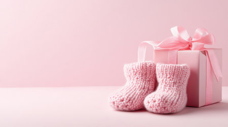 Cozy knitted pink baby booties are placed next to a beautifully wrapped gift box with a ribbon, set against a soft pink background for a charming presentation.の素材