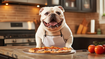 A cheerful bulldog dressed in a chef apron stands proudly by a freshly baked pizza, exuding joy and warmth in a cozy kitchen setting. Perfect for pet and food lovers!の素材