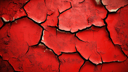 Close-up view of a textured red wall showcasing intricate cracks and a weathered surface, perfect for art, design, and decoration projects.の素材