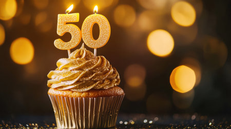 A stunning golden cupcake topped with delightful frosting and a sparkling 50 candle, set against a dreamy bokeh background, perfect for birthday celebrations.の素材