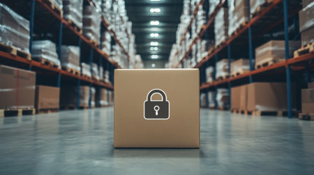 A brown cardboard box featuring a lock icon symbolizes security in a warehouse. Perfect for illustrating themes of safety, storage, and logistics in business operations.の素材