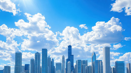 Beautiful Chicago skyline showcases modern architecture under a bright blue sky filled with fluffy clouds. Perfect for urban landscape themes and travel.の素材