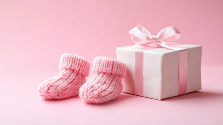 Delightful pink baby booties next to a beautifully wrapped gift box. Perfect for celebrating a newborn's arrival, charming and heartwarming scene.の素材