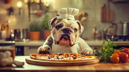 An adorable dog dressed as a chef prepares a delicious pizza in a cozy kitchen. The scene captures the joy of cooking, combining humor and charm for animal lovers.の素材