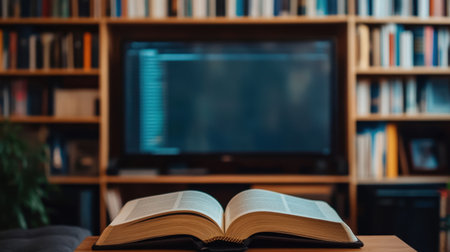 A serene open book rests on a table, with a modern television and organized shelves in the background, highlighting a cozy study atmosphere.の素材