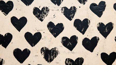 This image features a striking pattern of black hearts on a distressed white background, perfect for creative projects, wallpapers, or fashion designs.の素材