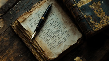 A vintage manuscript lies open with elegant handwriting beside a classic fountain pen, all set on a rustic wooden table, evoking a sense of nostalgia and creativity.の素材