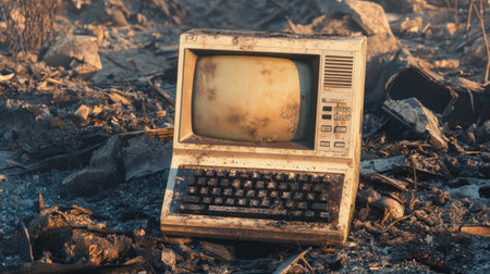 A vintage computer sits abandoned in a desolate landscape, surrounded by debris and remnants of destruction. The scene evokes a somber feeling of forgotten technology.の素材