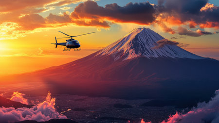 A helicopter soars gracefully above Mount Fuji during a stunning sunset, capturing a breathtaking view with vibrant colors and dramatic clouds in the sky.の素材