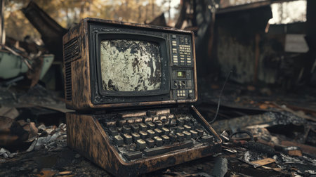 A vintage computer sits amid the ruins of a burned building, surrounded by nature. The scene captures a sense of decay and nostalgia in a forested area.の素材