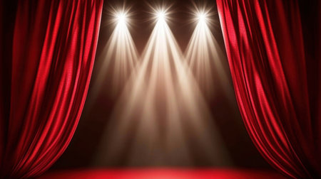 Bright stage lights illuminate a rich red curtain, creating a dramatic atmosphere for a theatrical performance. Perfect for event, theater, or artistic themes.の素材