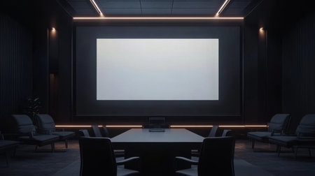 A sleek and modern conference room featuring an empty projection screen. The minimalistic design creates a professional atmosphere perfect for meetings and presentations.の素材
