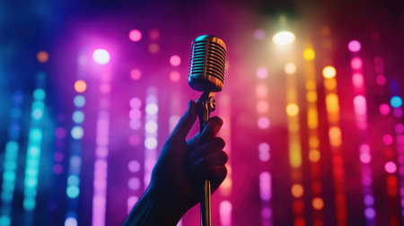 A hand holds a vintage microphone, illuminated by vibrant stage lights in a lively atmosphere, capturing the essence of music and performance.の素材