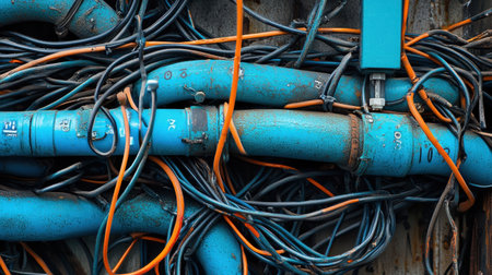 This close-up image showcases a chaotic arrangement of blue pipes and orange wires against a textured background. Ideal for projects highlighting industrial themes.の素材