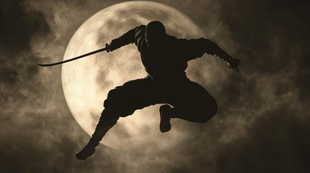 A striking silhouette of a ninja leaping into action against a glowing full moon. The scene captures the essence of agility, stealth, and timeless martial arts tradition, evoking mystery and adventure in a dramatic night setting.の素材