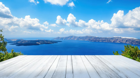 Beautiful coastal landscape featuring a vast blue ocean under a bright sky. Clouds drift lazily overhead, creating a serene atmosphere.の素材