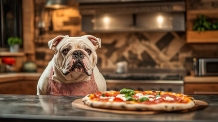 A charming bulldog wearing an apron gazes longingly at a delicious pizza on a kitchen counter, showcasing a warm and inviting home cooking atmosphere.の素材