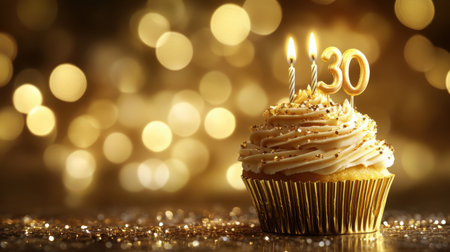 A beautifully decorated cupcake featuring the number 30 candles, set against a sparkling bokeh background, perfect for birthday celebrations and joyful moments.の素材