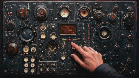 Detailed overhead view of a vintage control panel featuring various dials and knobs. A hand is adjusting one knob, showcasing the intricate design and mechanical operation.の素材