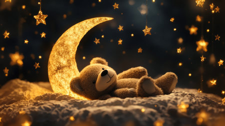 A cute teddy bear lies comfortably on a soft surface, surrounded by twinkling stars and a bright, glowing moon. Perfect for evoking warmth and nostalgia.の素材