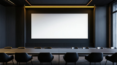 This image showcases a modern conference room featuring a large blank screen and minimalist design. The sleek furniture and lighting create a professional atmosphere ideal for meetings.の素材